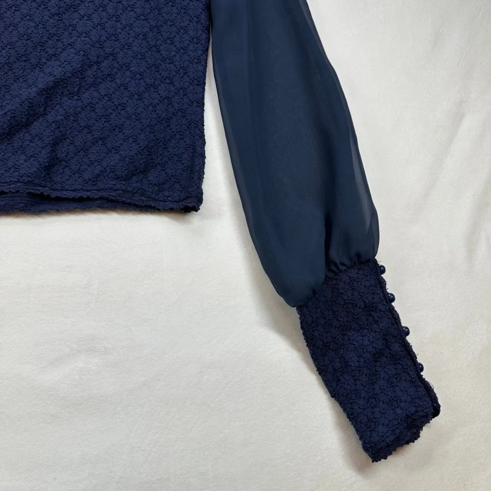 Free‎ People Navy Blue Textured Top Sheer Balloon Long Sleeve Blouse XS